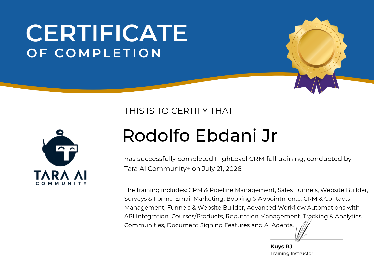 HighLevel Certified Admin certificate