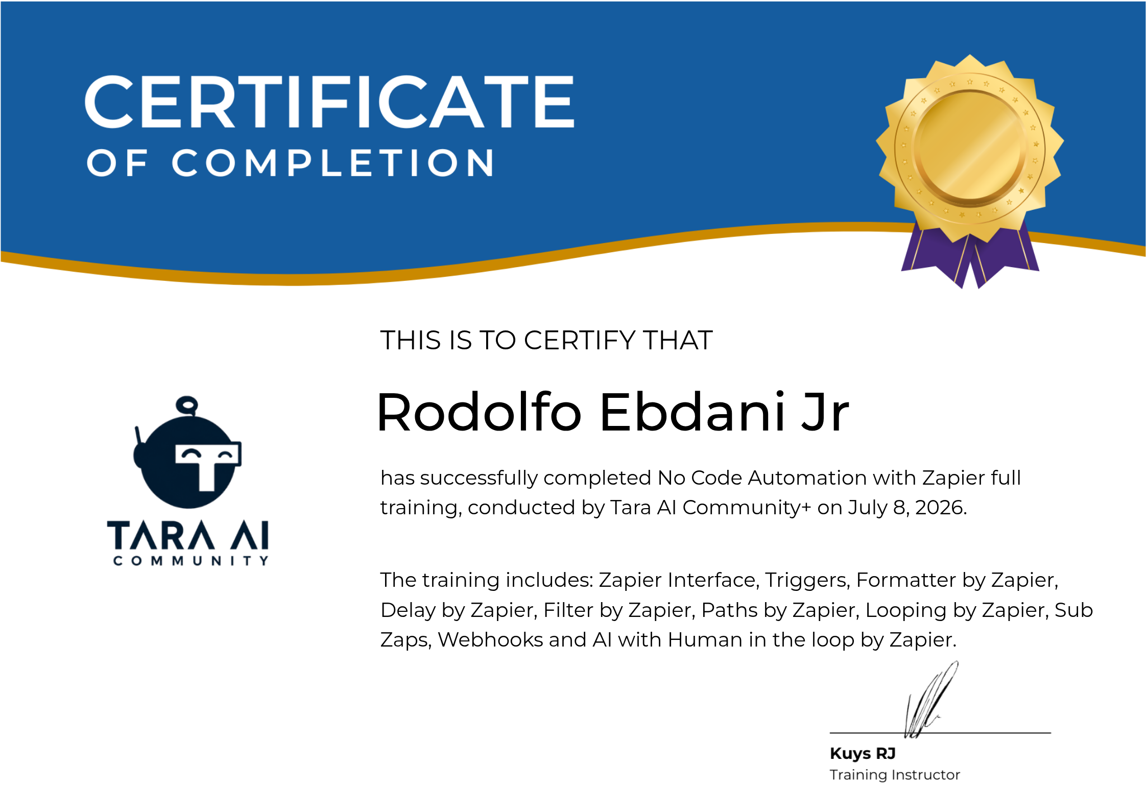 No Code Automation with Zapier certificate